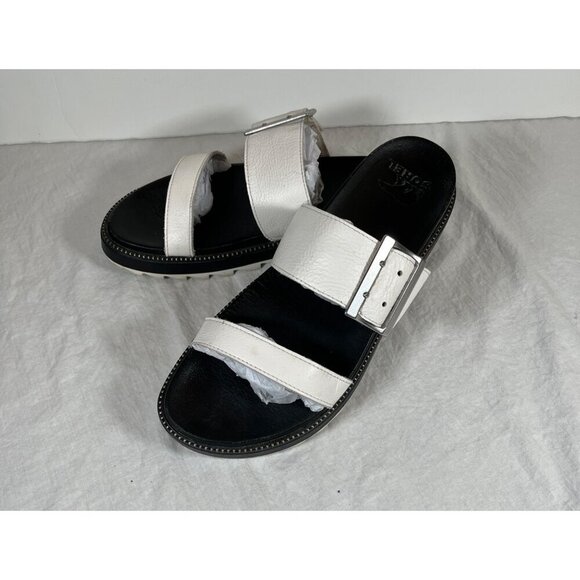 Sorel White Leather Roaming Slide Sandals Black Footbed Size 9 - Picture 4 of 8